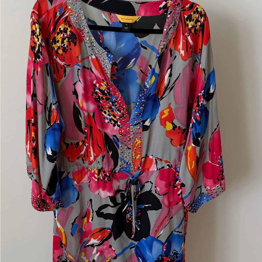St. John silk blend floral tunic midi dress with rhinestone accents, size XL - Picture 12 of 12